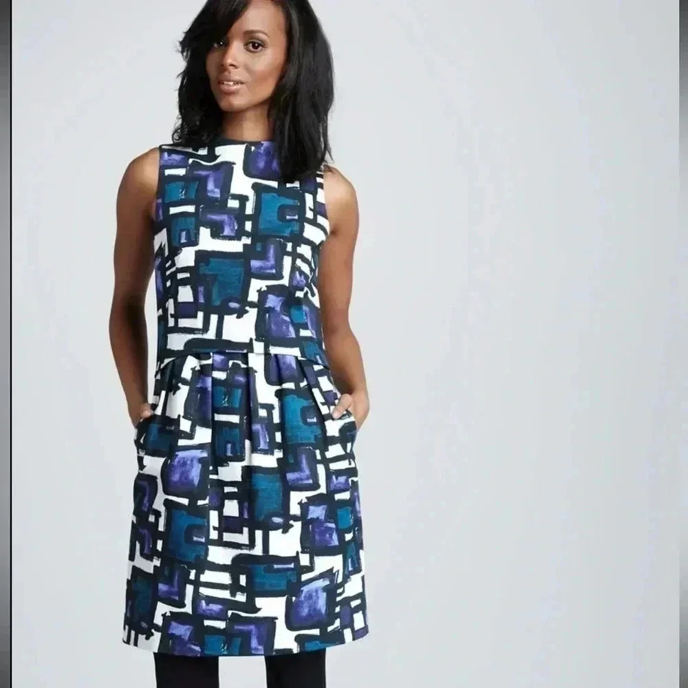 Milly Astrid Geometric Print Mini Dress Size 12 Cream Blue Black With Pockets​​